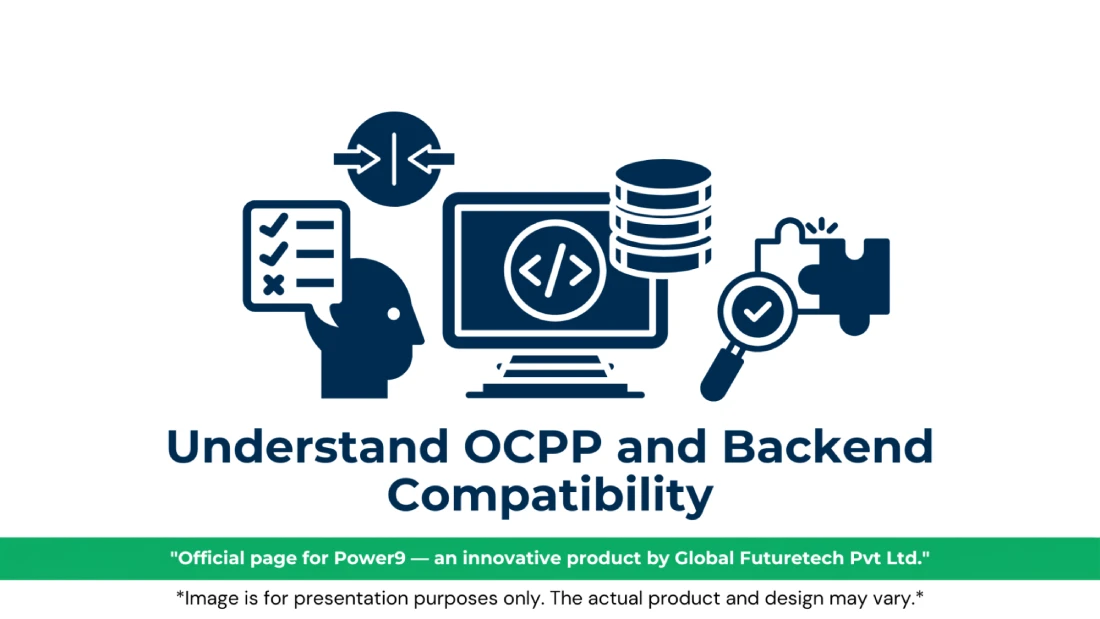 Vector graphic titled "Understand OCPP and Backend Compatibility" featuring a head profile evaluating options, inward integration arrows, a monitor with code and database servers, and a checkmark magnifying glass inspecting puzzle pieces. 