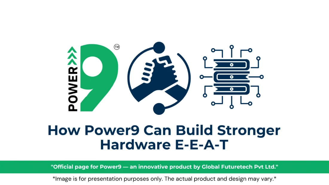Vector graphic titled "How Power9 Can Build Stronger Hardware E-E-A-T" featuring the Power9 logo, two hands clasping inside a circular node, and stacked books connected to a circuit network.<br />
