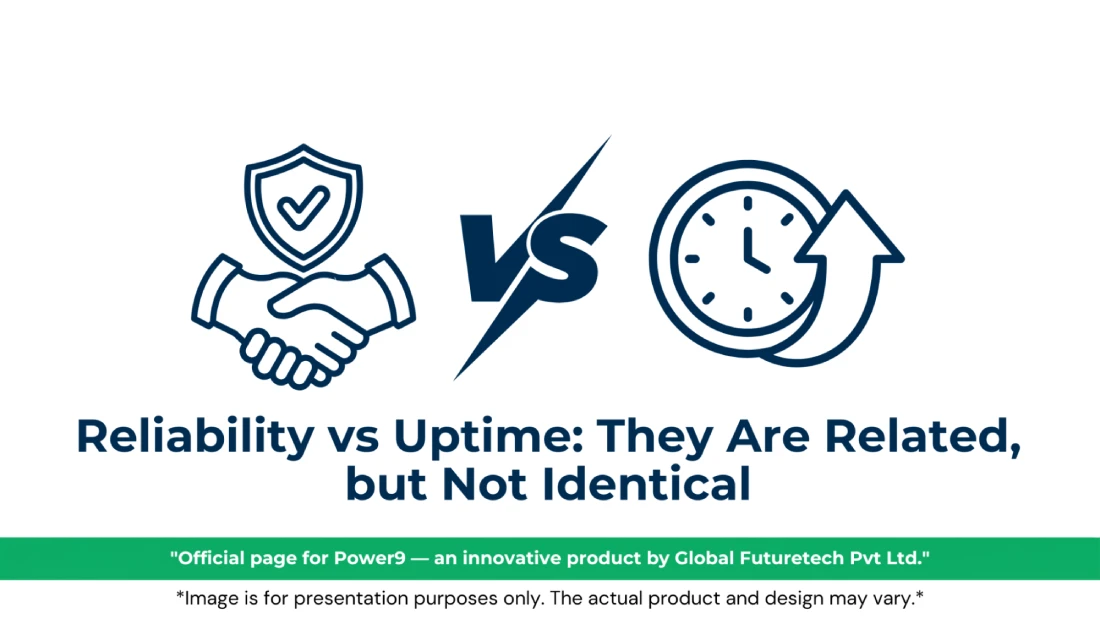 Vector graphic titled "Reliability vs Uptime: They Are Related, but Not Identical" featuring handshaking hands with a shield icon, a "VS" lightning logo, and a clock icon with an upward arrow. 