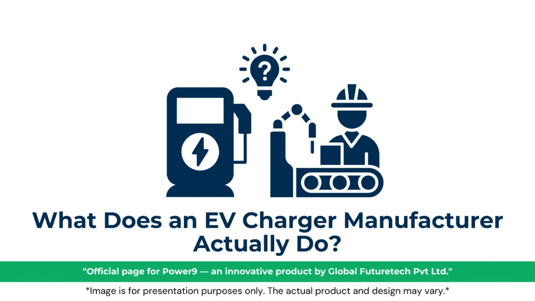 Vector graphic titled "What Does an EV Charger Manufacturer Actually Do?" featuring a charging station, a glowing question mark light bulb, and an engineer working on an automated assembly line. 