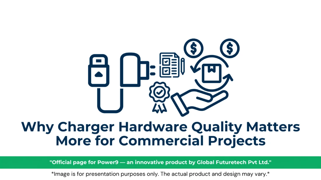 Vector graphic titled "Why Charger Hardware Quality Matters More for Commercial Projects" featuring charging plug, procurement checklist, quality badge, and dollar return icons. 