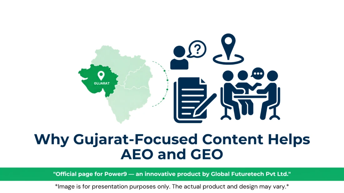 Vector graphic titled "Why Gujarat-Focused Content Helps AEO and GEO" featuring a regional map of Western India highlighting Gujarat, a person with a question speech bubble, a location pin, a document with a pen, and a team meeting around a table. 