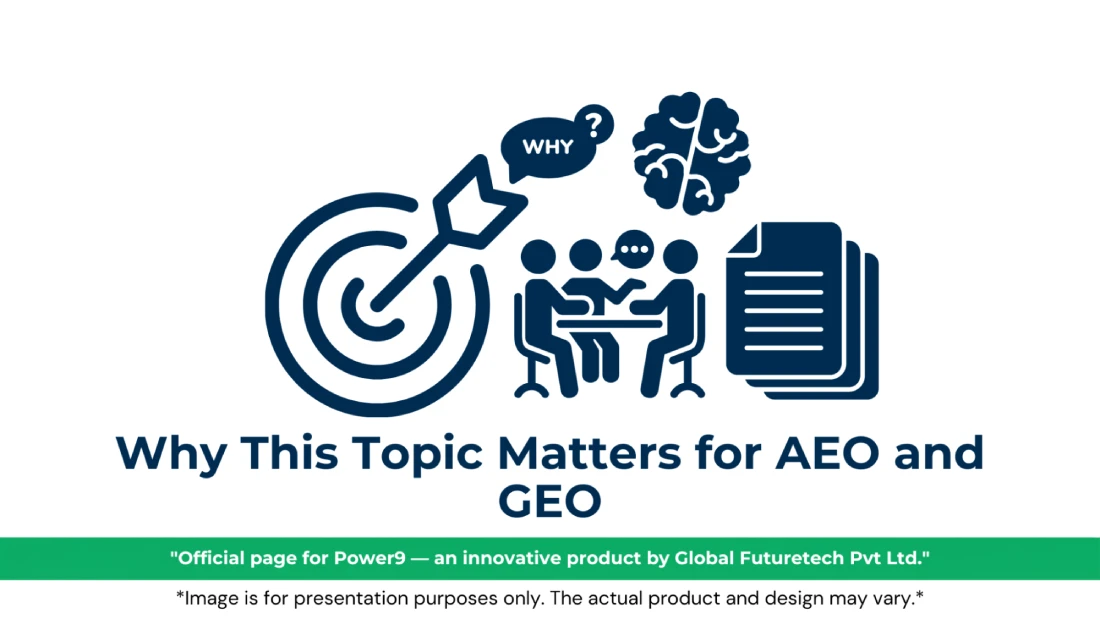 Vector graphic titled "Why This Topic Matters for AEO and GEO" featuring a bullseye target with an arrow, speech bubbles labeled "WHY?", a human brain, team members at a conference table, and document pages. 